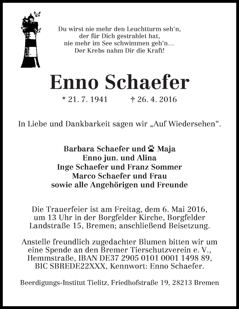 Traueranzeige von Enno Schaefer von WESER-KURIER