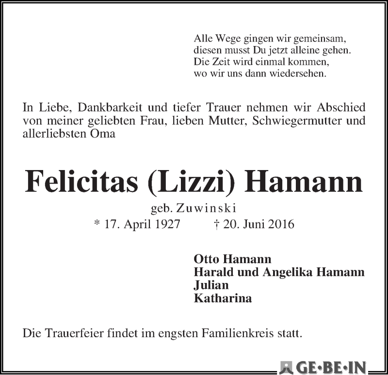 Traueranzeige von Felicitas (Lizzi) Hamann von WESER-KURIER