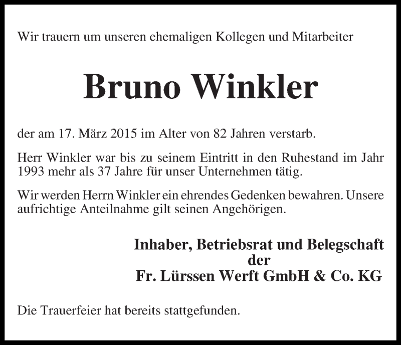 Traueranzeige von Bruno Winkler von Die Norddeutsche