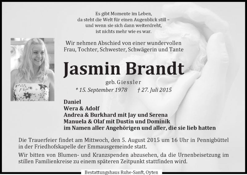  Traueranzeige für Jasmin Brandt vom 01.08.2015 aus Osterholzer Kreisblatt