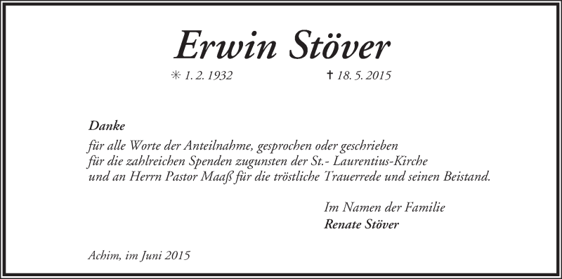  Traueranzeige für Erwin Stöver vom 26.06.2015 aus WESER-KURIER