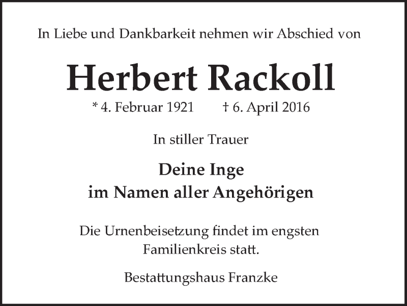 Traueranzeige von Herbert Rackoll von WESER-KURIER