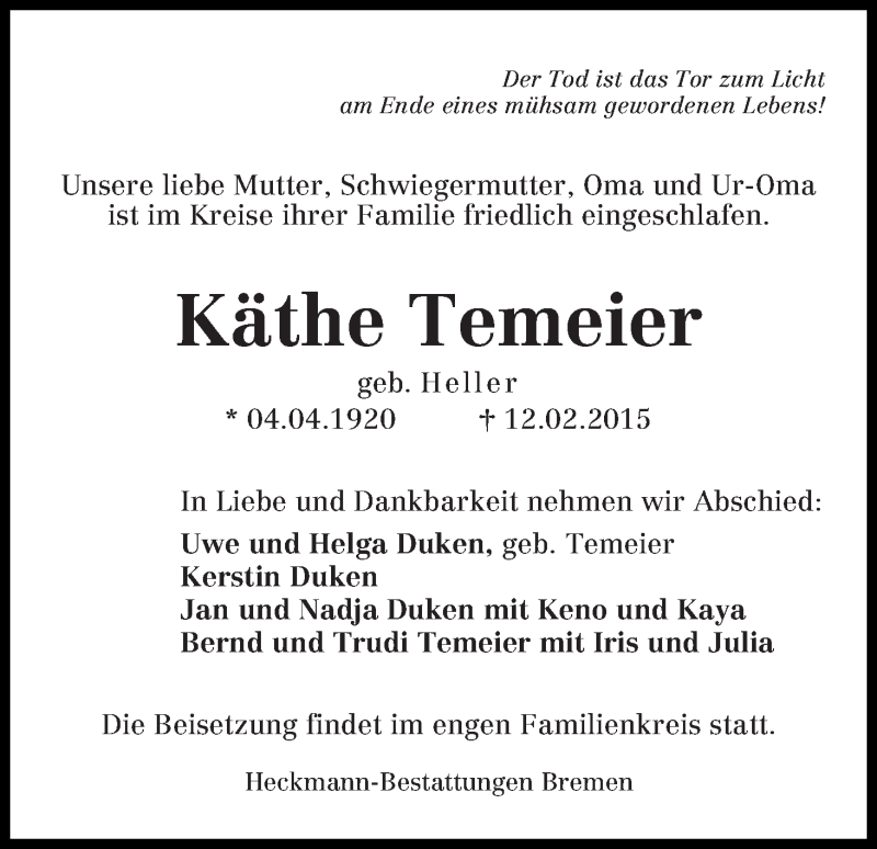 Traueranzeige von Käthe Temeier von Die Norddeutsche