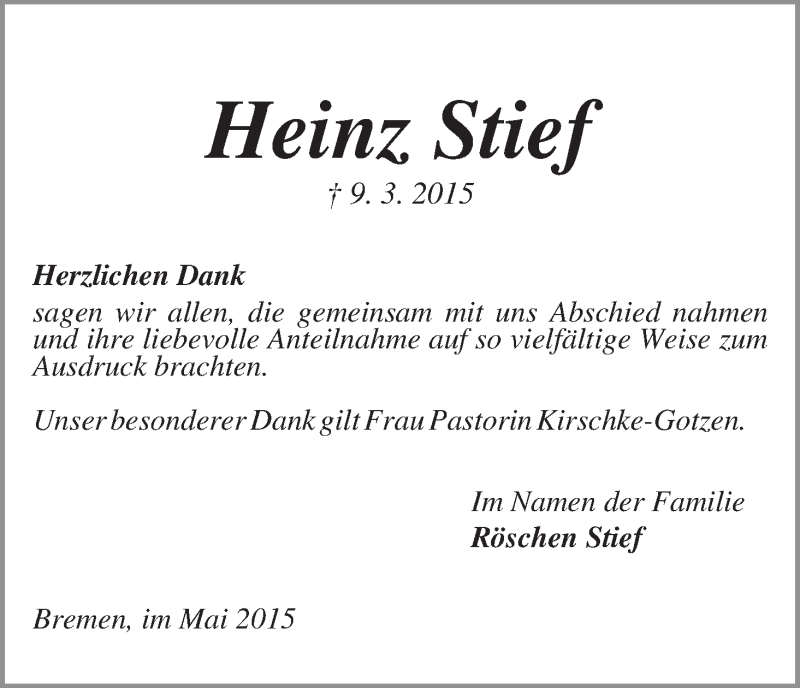 Traueranzeige von Heinz Stief von WESER-KURIER