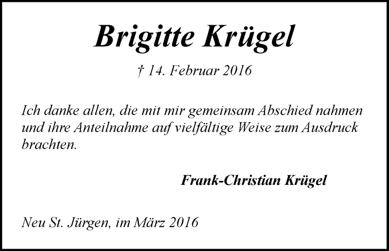 Traueranzeige von Brigitte Krügel von Wuemme Zeitung