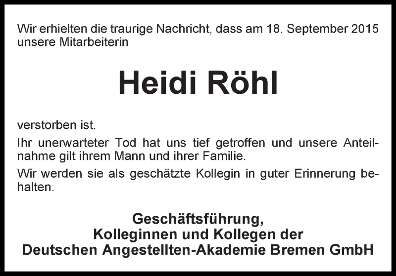 Traueranzeige von Heidi Röhl von WESER-KURIER