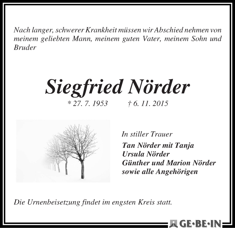 Traueranzeige von Siegfried Nörder von WESER-KURIER