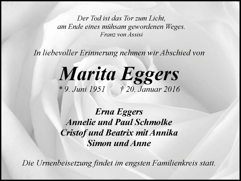 Traueranzeige von Marita Eggers von Wuemme Zeitung