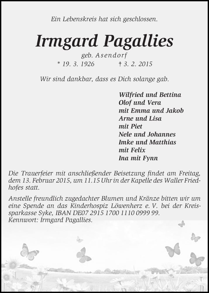 Traueranzeige von Irmgard Pagallies von WESER-KURIER