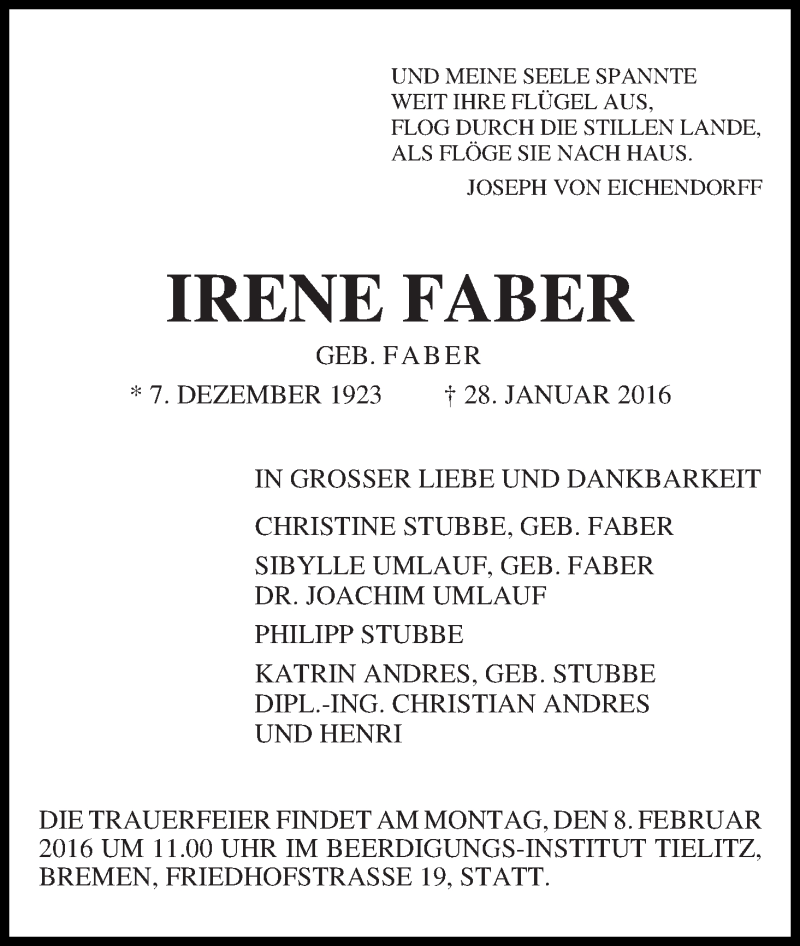 Traueranzeige von Irene Faber von WESER-KURIER