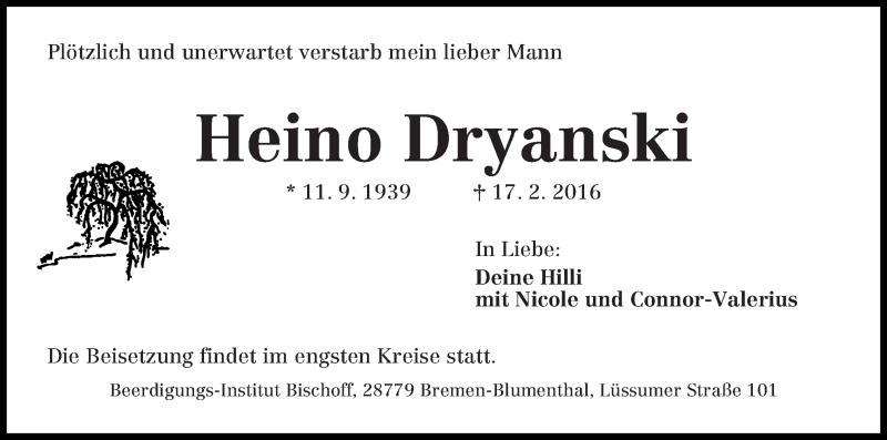 Traueranzeige von Heino Dryanski von Die Norddeutsche