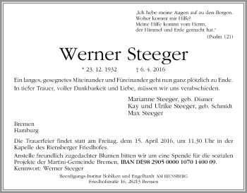 Traueranzeige von Werner Steeger