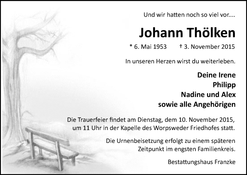 Traueranzeige von Johann Thölken von Wuemme Zeitung
