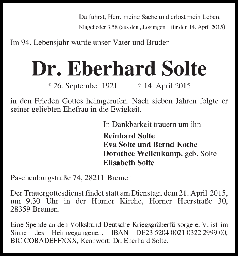 Traueranzeige von Eberhard Solte von Die Norddeutsche