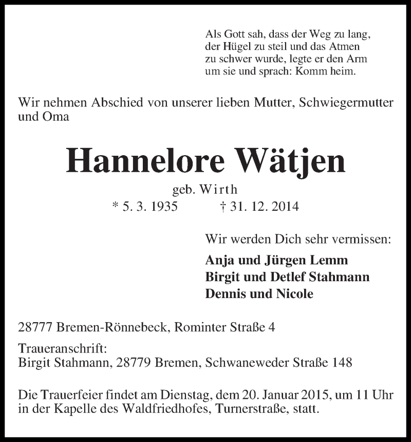 Traueranzeige von Hannelore Wätjen von Die Norddeutsche