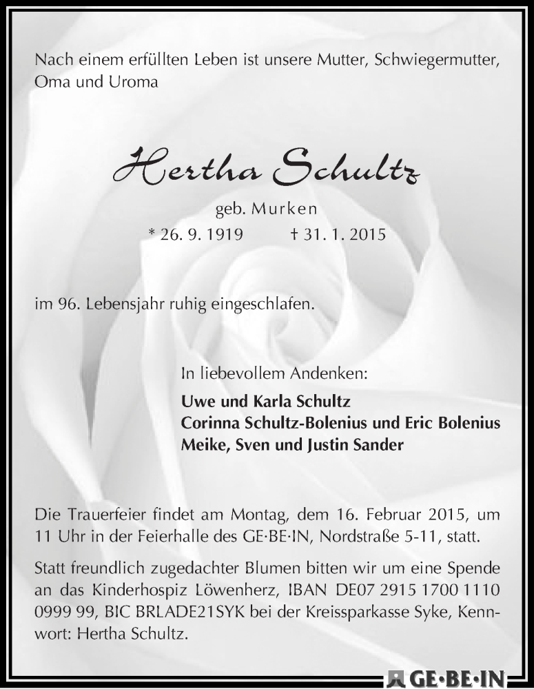 Traueranzeige von Hertha Schulz von WESER-KURIER