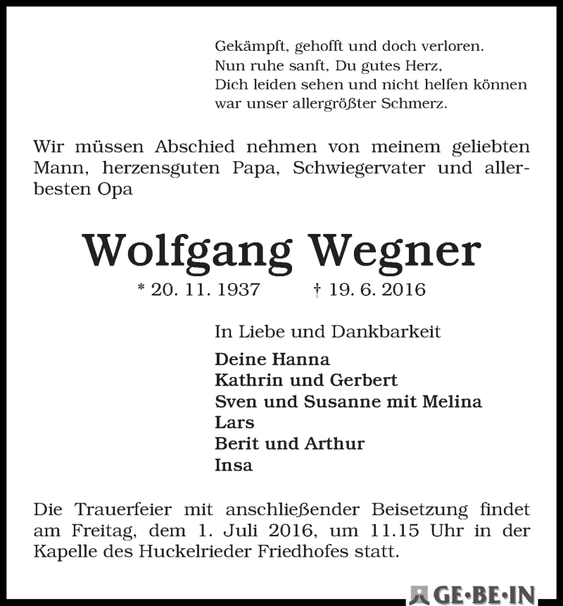 Traueranzeige von Wolfgang Wegner von WESER-KURIER