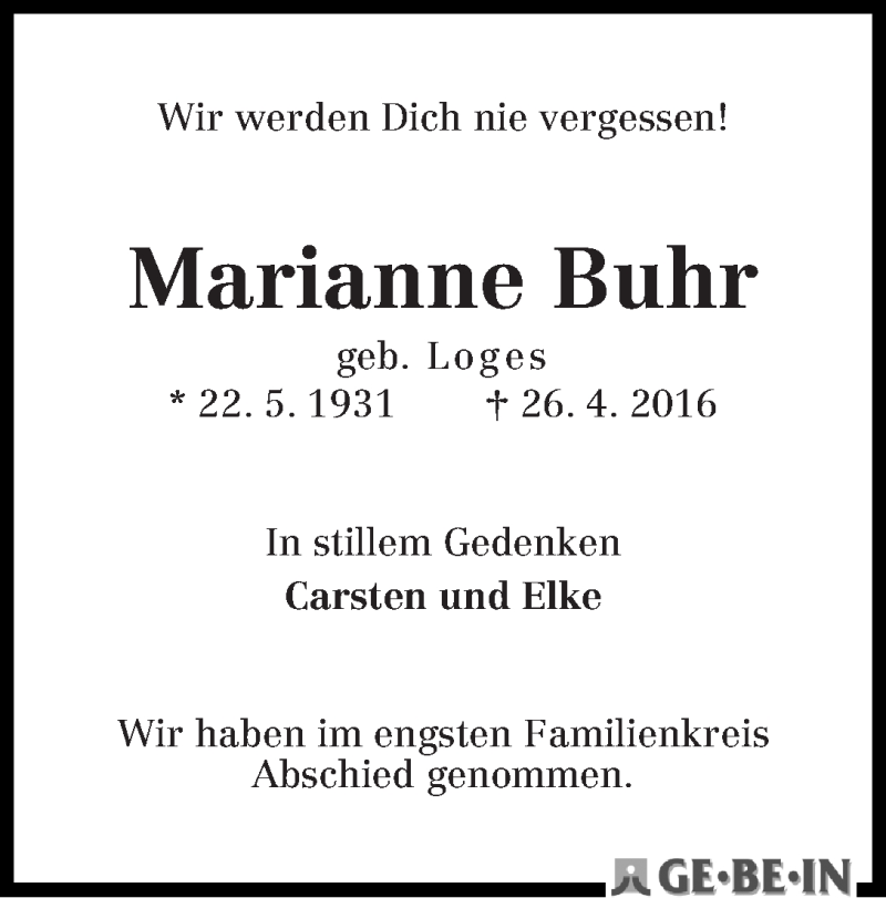 Traueranzeige von Marianne Buhr von WESER-KURIER