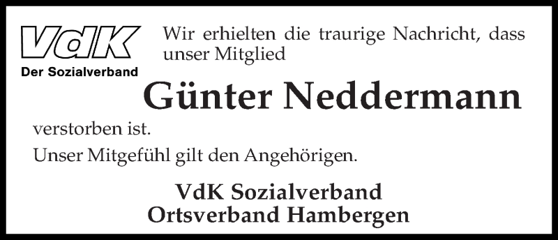 Traueranzeige von Günter Neddermann von Osterholzer Kreisblatt