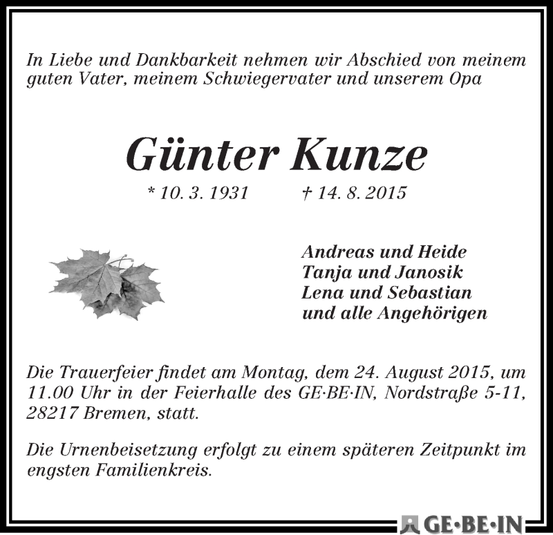 Traueranzeige von Günter Kunze von WESER-KURIER