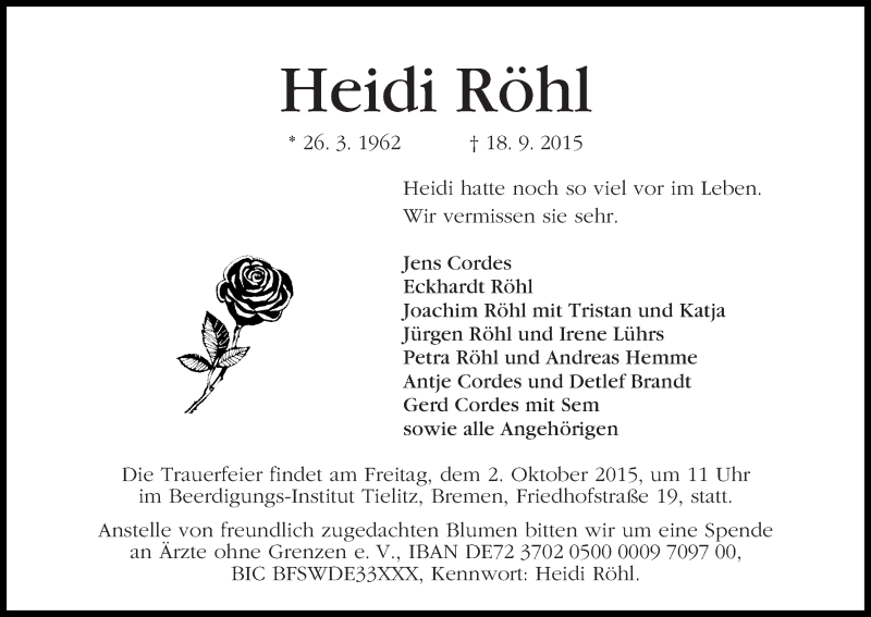 Traueranzeige von Heidi Röhl von WESER-KURIER