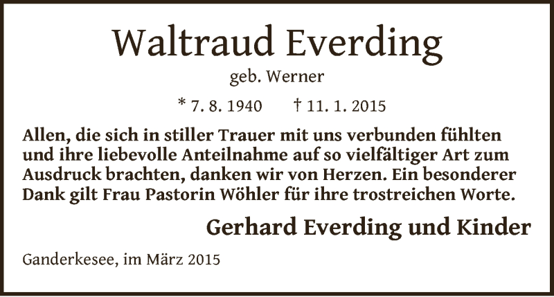 Traueranzeige von Waltraud Everding von WESER-KURIER