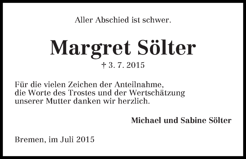  Traueranzeige für Margret Sölter vom 01.08.2015 aus WESER-KURIER