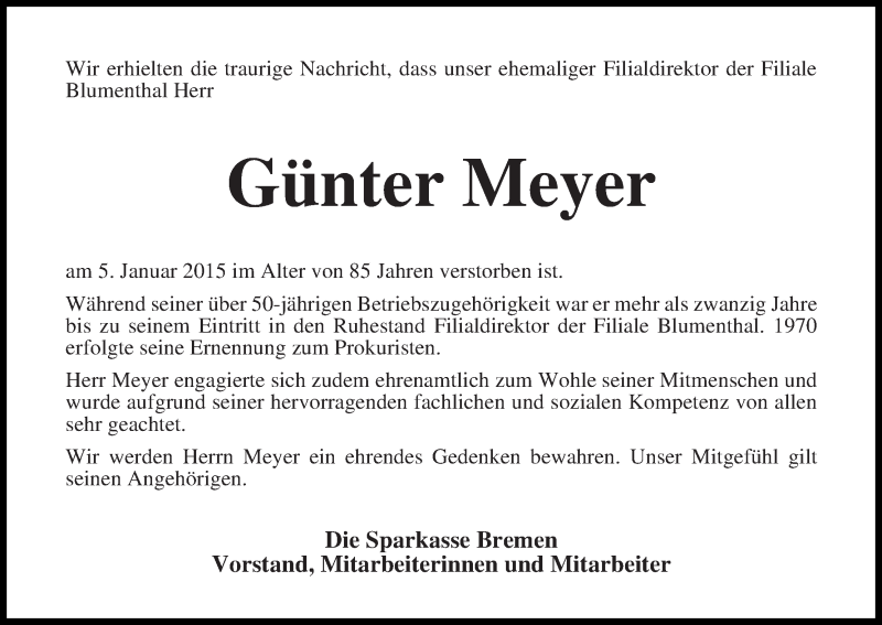 Traueranzeige von Günter Meyer von WESER-KURIER