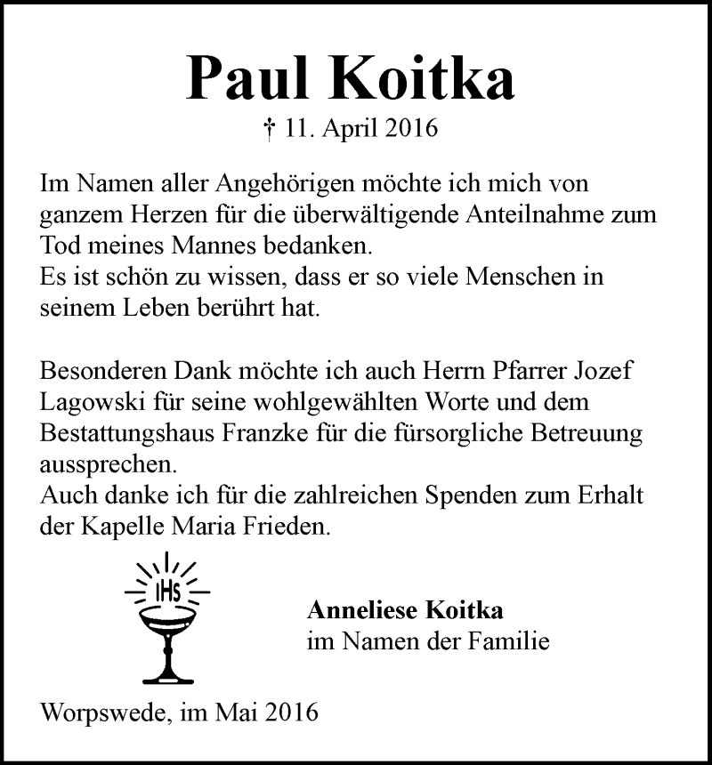 Traueranzeige von Paul Koitka von Wuemme Zeitung