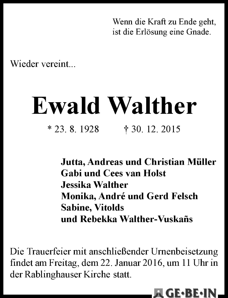Traueranzeige von Ewald Walther von WESER-KURIER