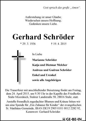 Traueranzeige von Gerhard Schröder