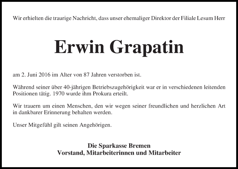 Traueranzeige von Erwin Grapatin von WESER-KURIER