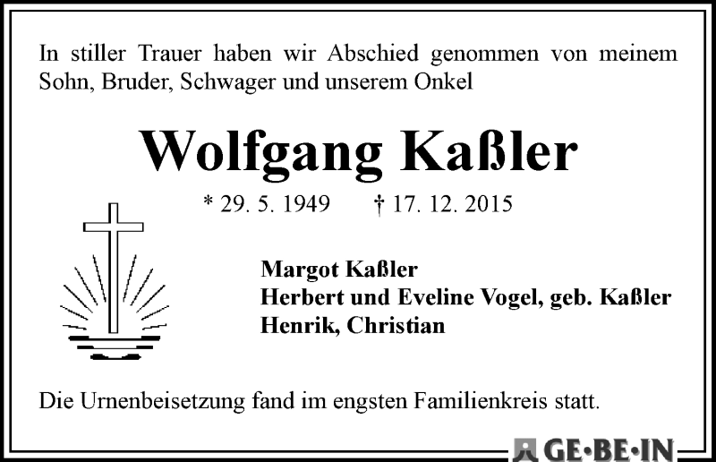 Traueranzeige von Wolfgang Kaßler von WESER-KURIER
