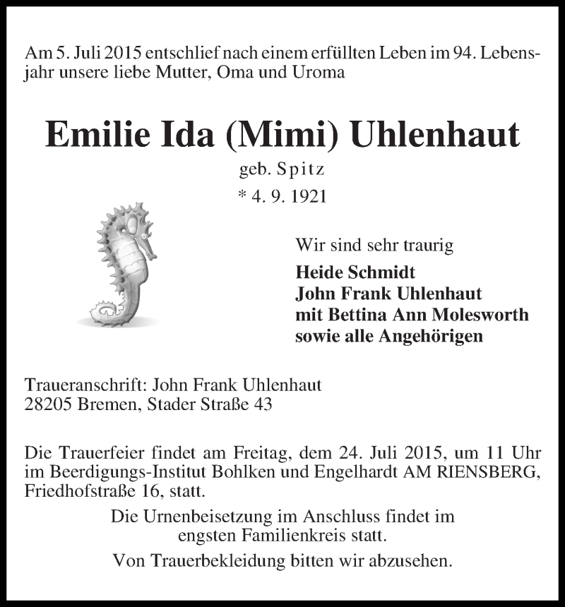  Traueranzeige für Emilie Ida (Mimi) Uhlenhaut vom 11.07.2015 aus WESER-KURIER
