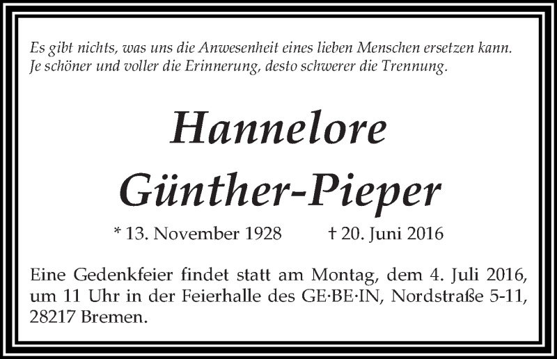 Traueranzeige von Hannelore Günther-Pieper von WESER-KURIER