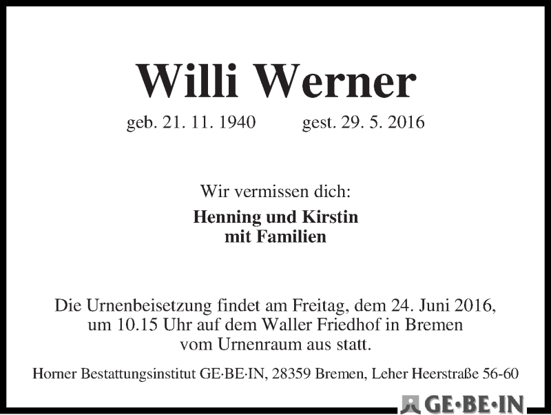 Traueranzeige von Willi Werner von WESER-KURIER