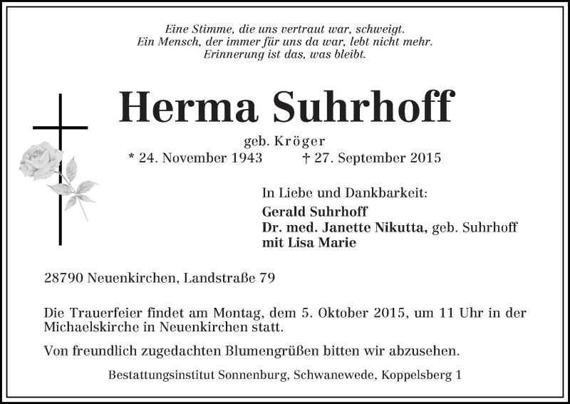 Traueranzeige von Herma Suhrhoff von Die Norddeutsche