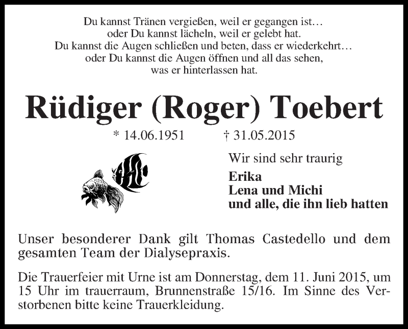  Traueranzeige für Rüdiger (Roger) Toebert vom 06.06.2015 aus WESER-KURIER