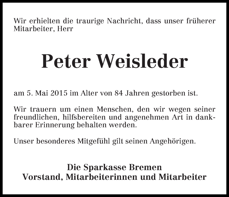 Traueranzeige von Peter Weisleder von WESER-KURIER