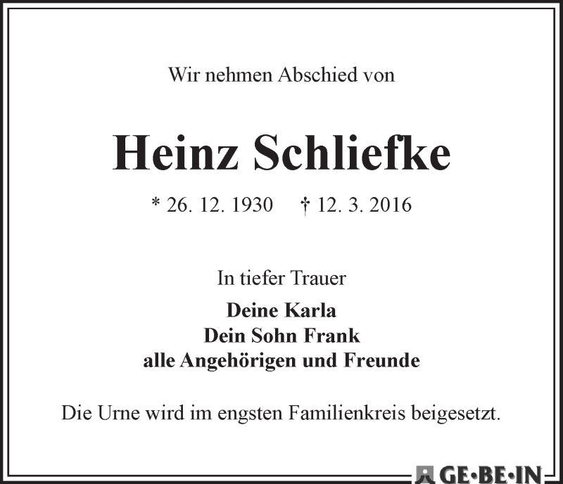Traueranzeige von Heinz Schliefke von WESER-KURIER