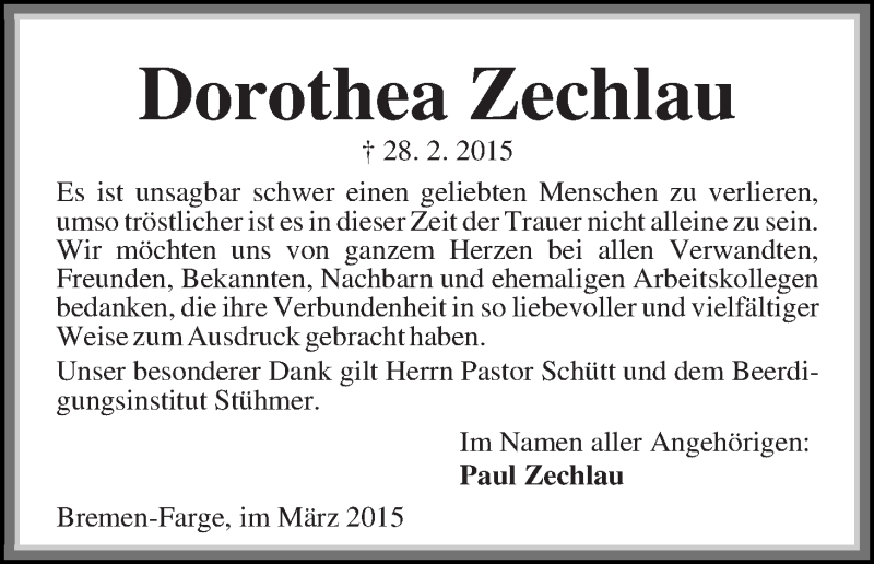 Traueranzeige von Dorothea Zechlau von Die Norddeutsche