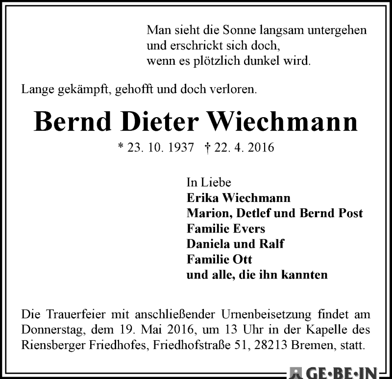 Traueranzeige von Bernd Dieter Wiechmann von WESER-KURIER