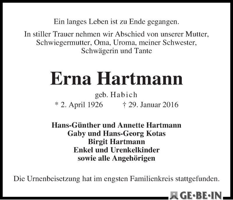 Traueranzeige von Erna Hartmann von Die Norddeutsche