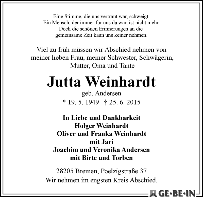 Traueranzeige von Jutta Weinhardt von WESER-KURIER