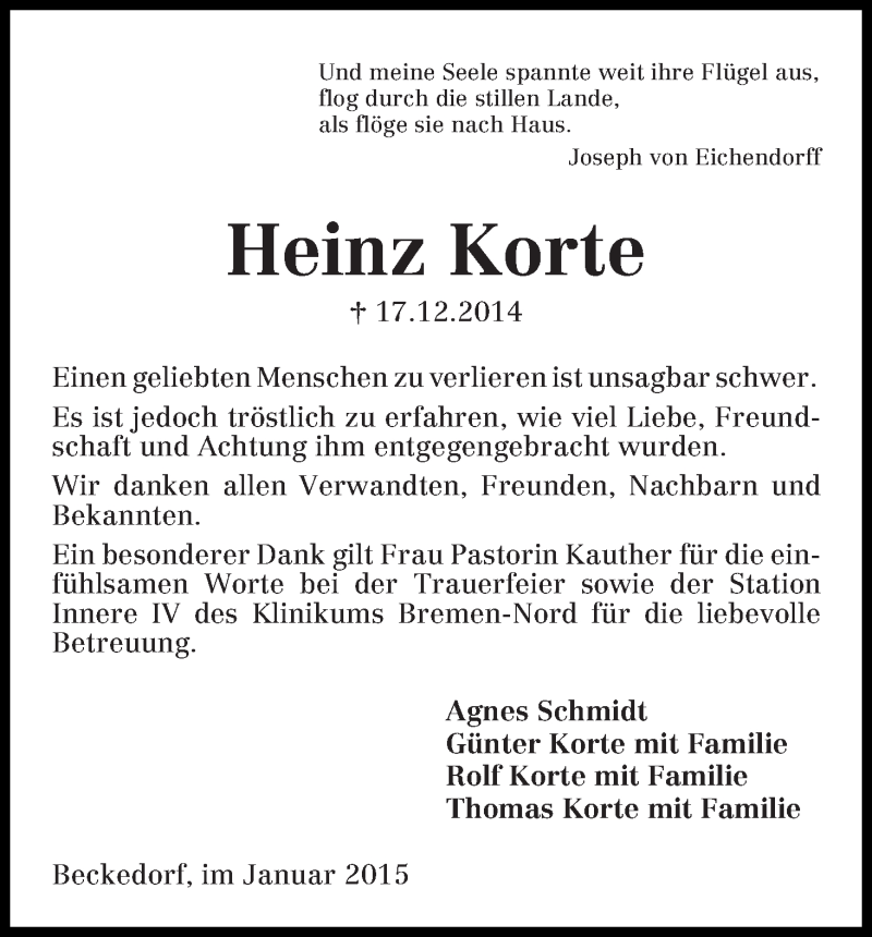 Traueranzeige von Heinz Korte von Die Norddeutsche