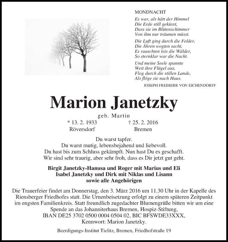 Traueranzeige von Marion Janetzky von WESER-KURIER