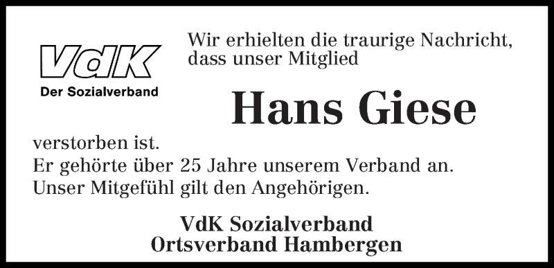 Traueranzeige von Hans Giese von Osterholzer Kreisblatt