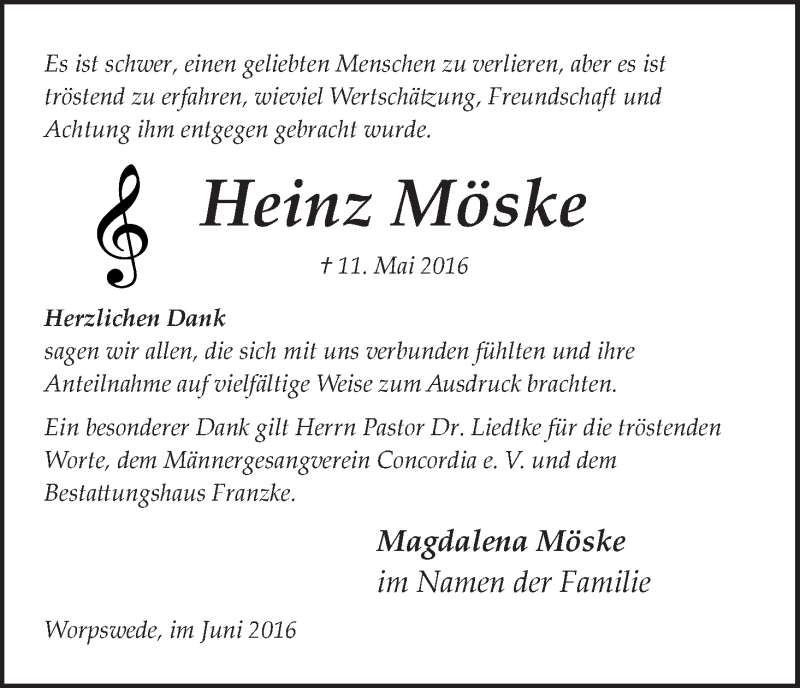 Traueranzeige von Heinz Möske von Wuemme Zeitung
