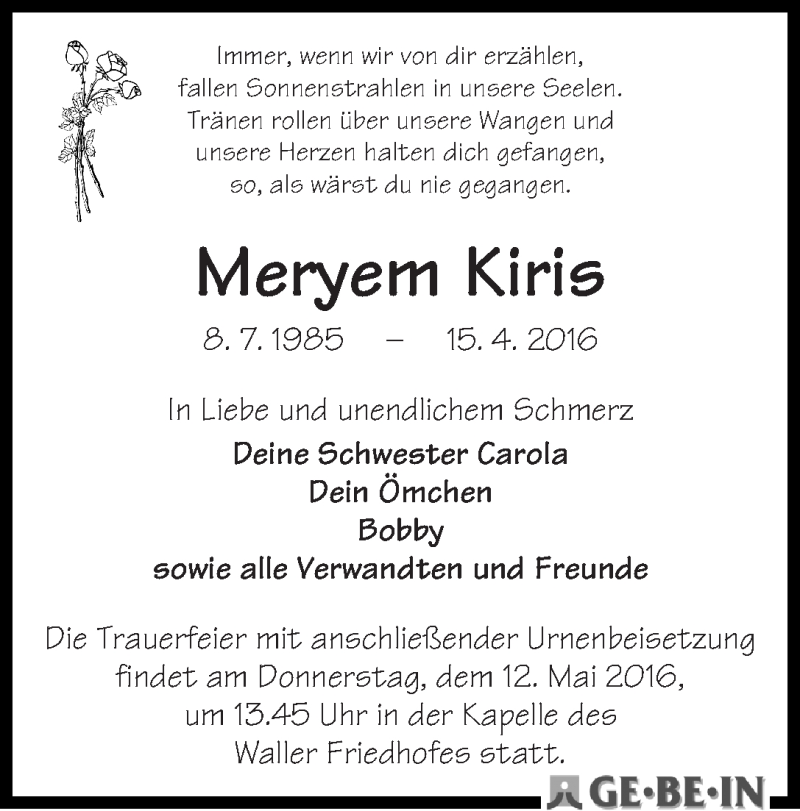  Traueranzeige für Meryem Kiris vom 30.04.2016 aus WESER-KURIER