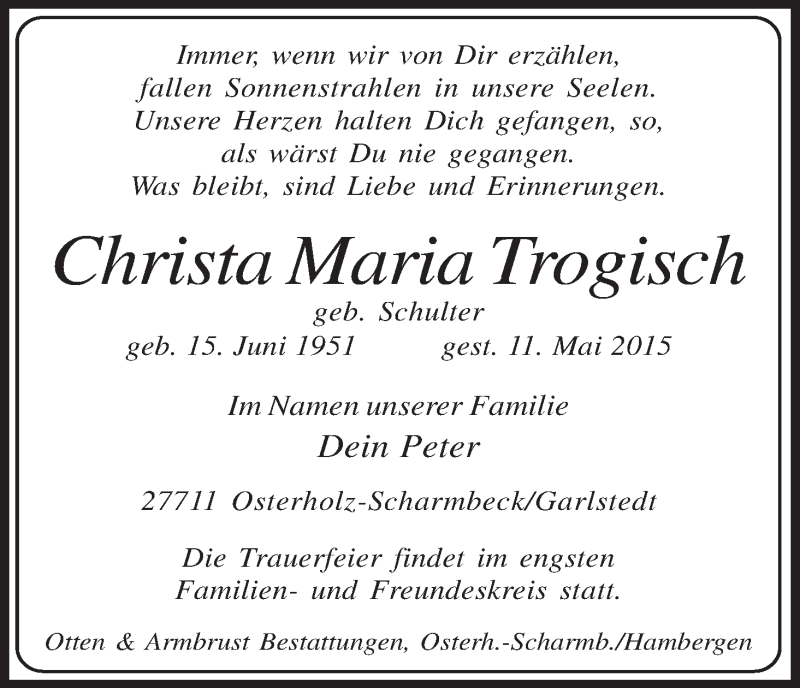 Traueranzeige von Christa Maria Trogisch von WESER-KURIER